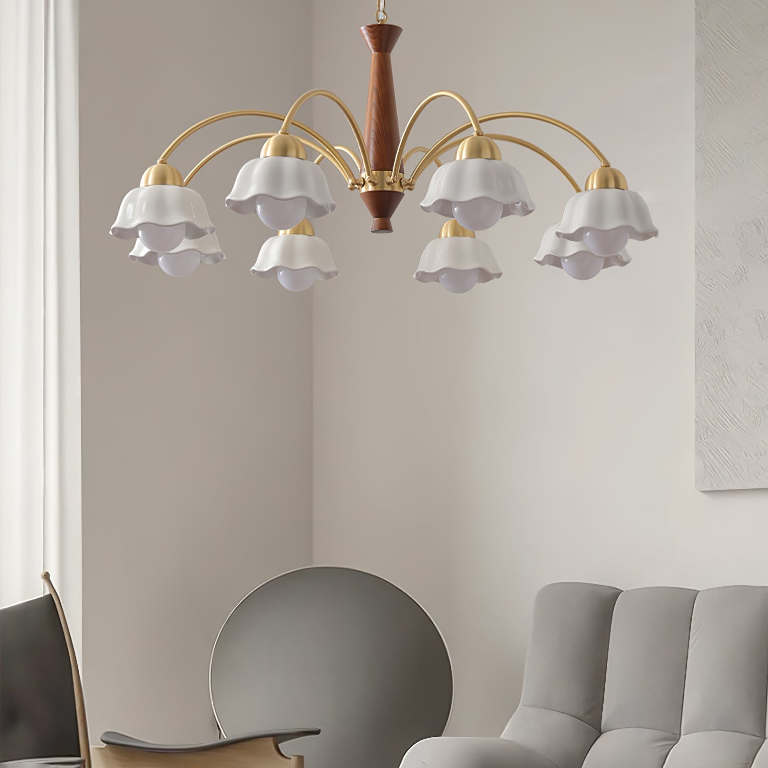 Aldoraria Chandelier Brass Wood Opaline Ceramic