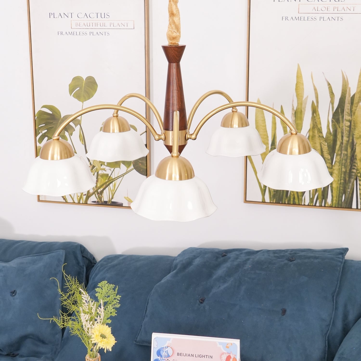 Aldoraria Chandelier Brass Wood Opaline Ceramic