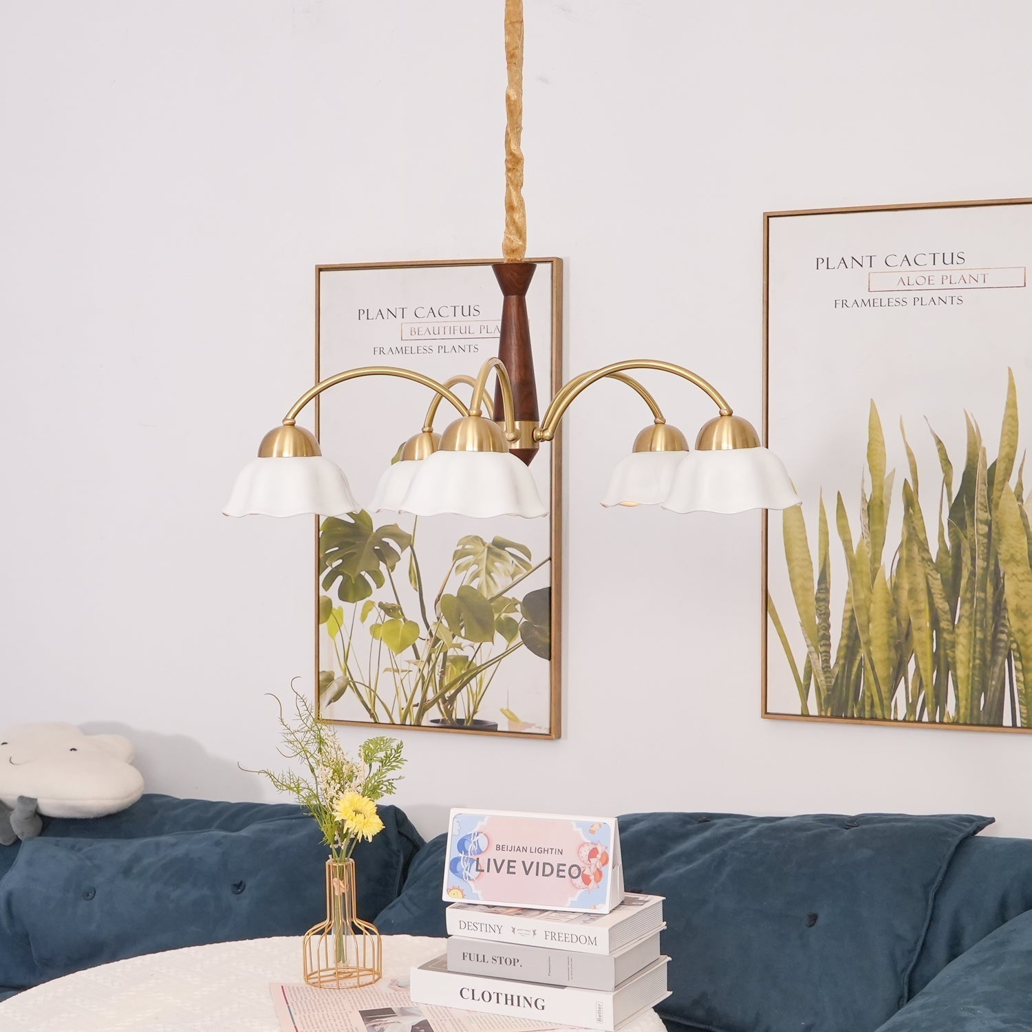 Aldoraria Chandelier Brass Wood Opaline Ceramic