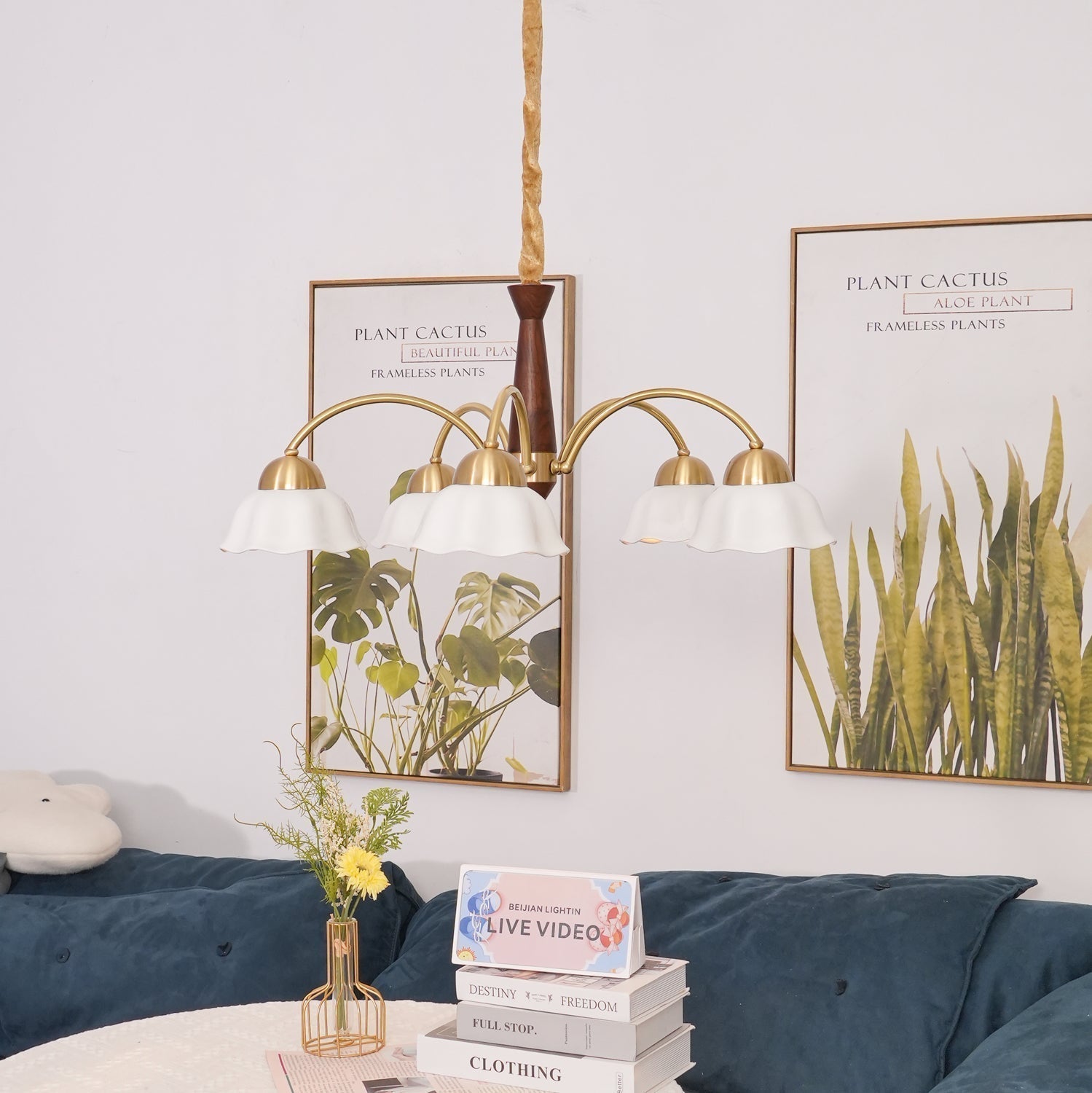 Aldoraria Chandelier Brass Wood Opaline Ceramic