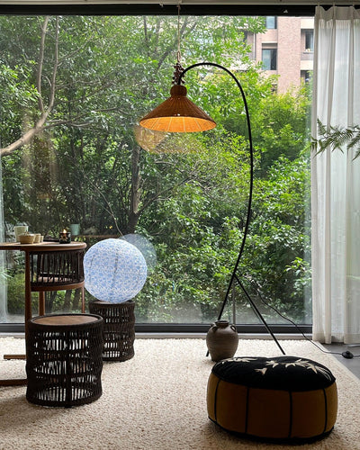 Sombrero Rattan Arc Floor Lamp