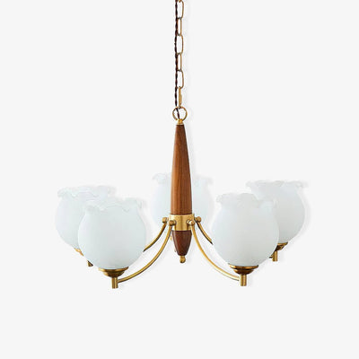 Elvelora Chandelier Tulip Glass Wood Brass Vintage
