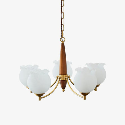 Elvelora Chandelier Tulip Glass Wood Brass Vintage
