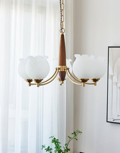 Elvelora Chandelier Tulip Glass Wood Brass Vintage