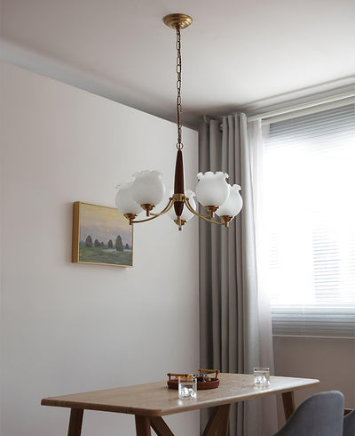 Elvelora Chandelier Tulip Glass Wood Brass Vintage