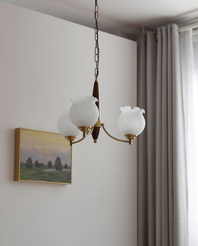Elvelora Chandelier Tulip Glass Wood Brass Vintage