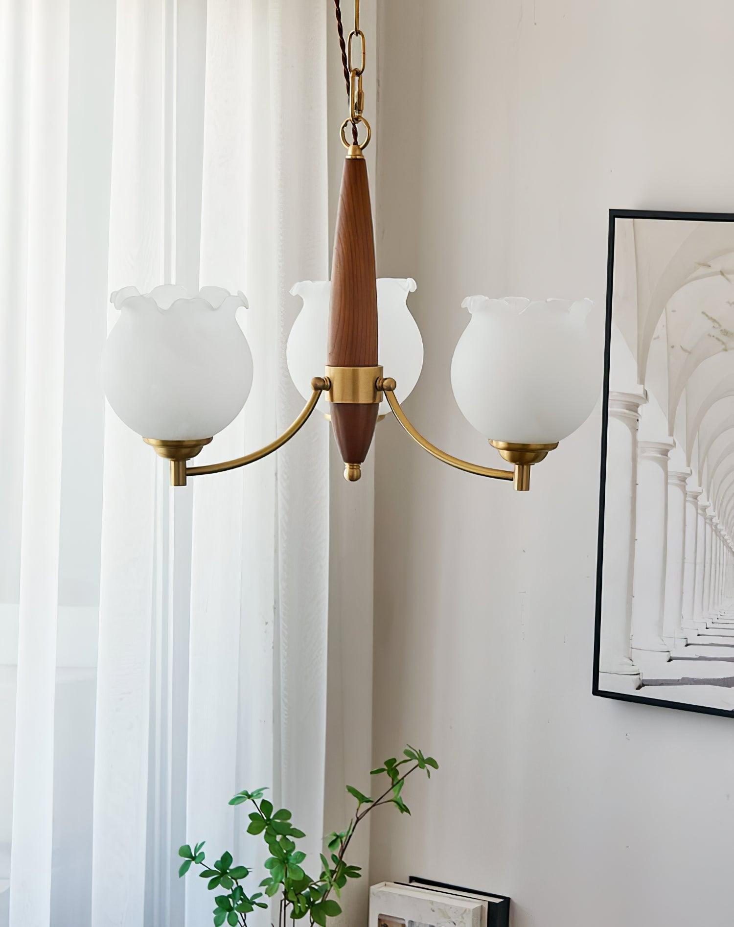 Elvelora Chandelier Tulip Glass Wood Brass Vintage