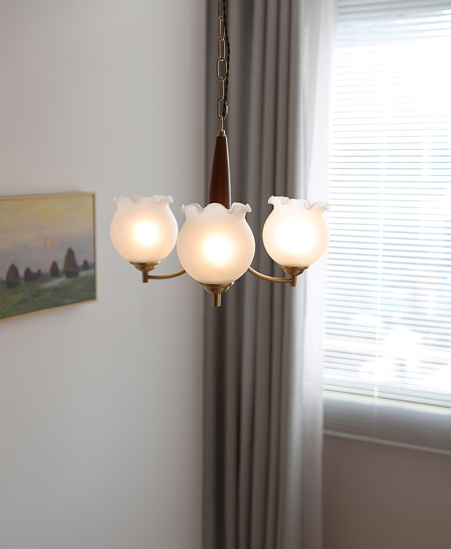 Elvelora Chandelier Tulip Glass Wood Brass Vintage