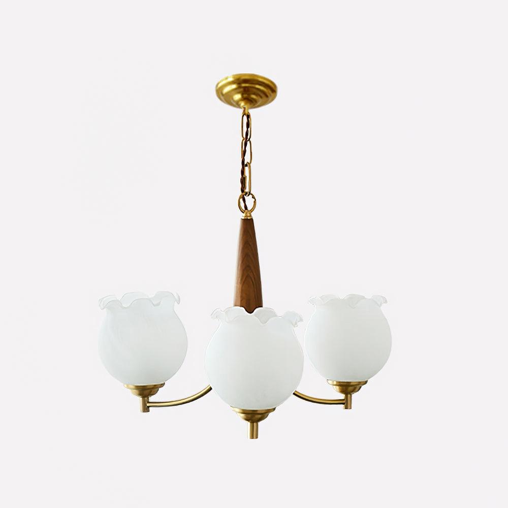 Elvelora Chandelier Tulip Glass Wood Brass Vintage