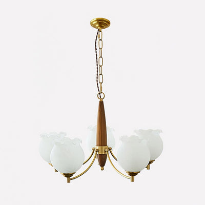 Elvelora Chandelier Tulip Glass Wood Brass Vintage