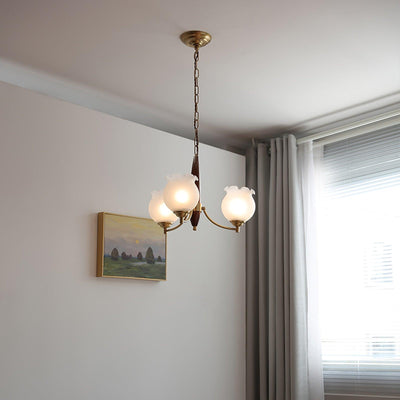 Elvelora Chandelier Tulip Glass Wood Brass Vintage