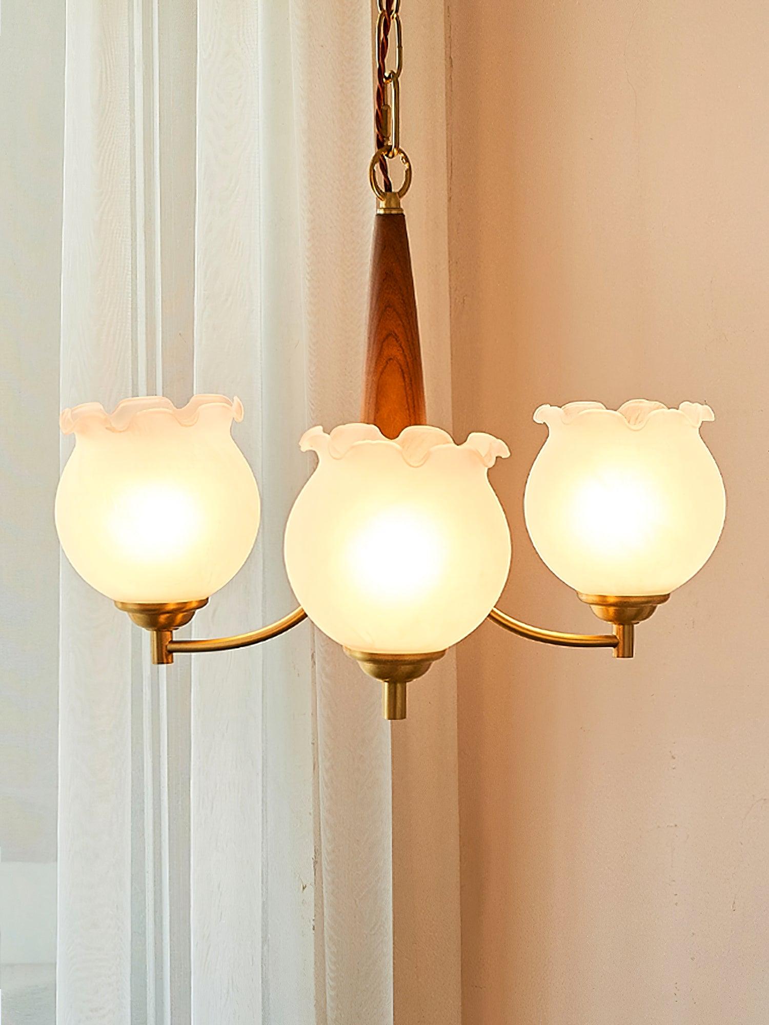 Elvelora Chandelier Tulip Glass Wood Brass Vintage