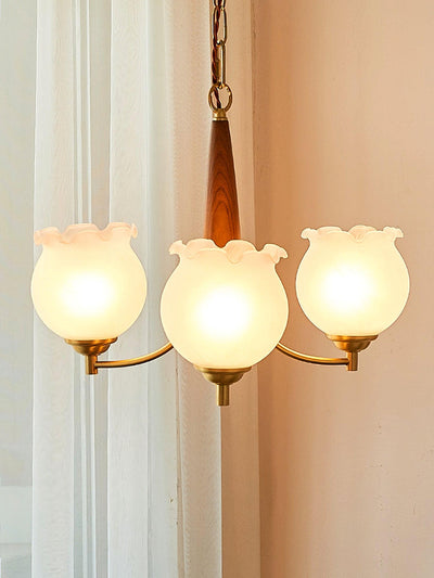 Elvelora Chandelier Tulip Glass Wood Brass Vintage