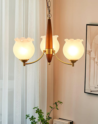 Elvelora Chandelier Tulip Glass Wood Brass Vintage