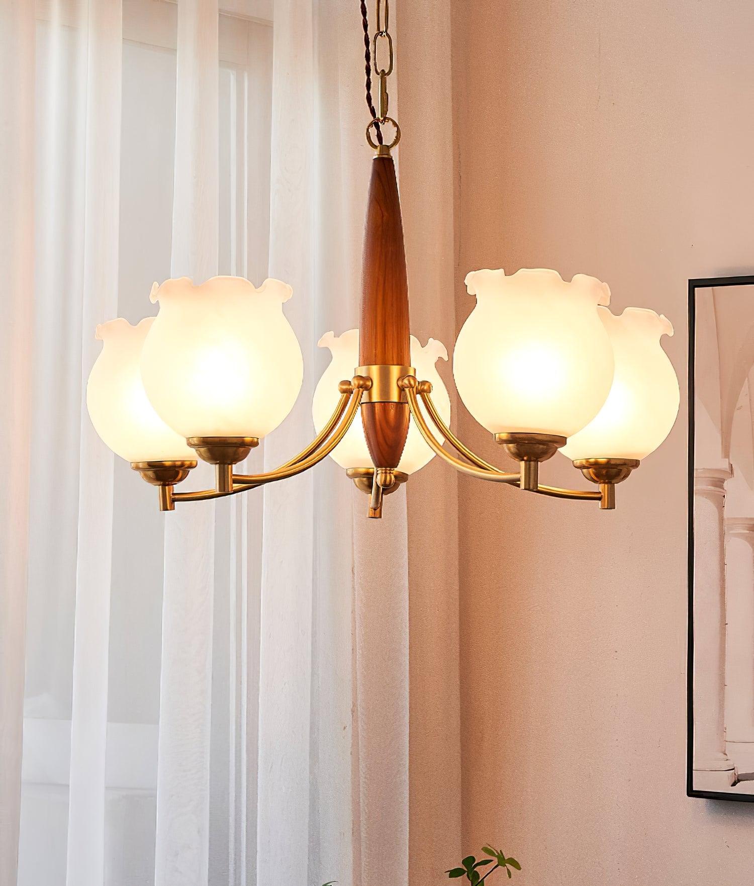 Elvelora Chandelier Tulip Glass Wood Brass Vintage