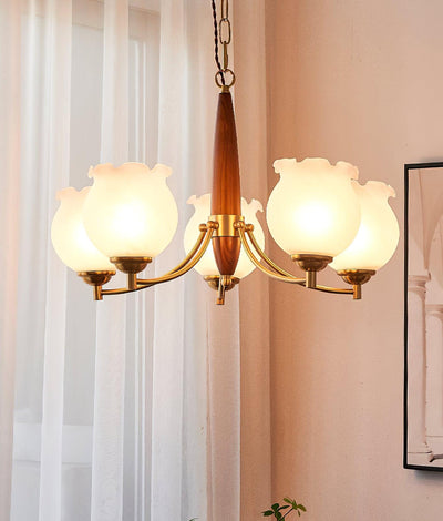 Elvelora Chandelier Tulip Glass Wood Brass Vintage