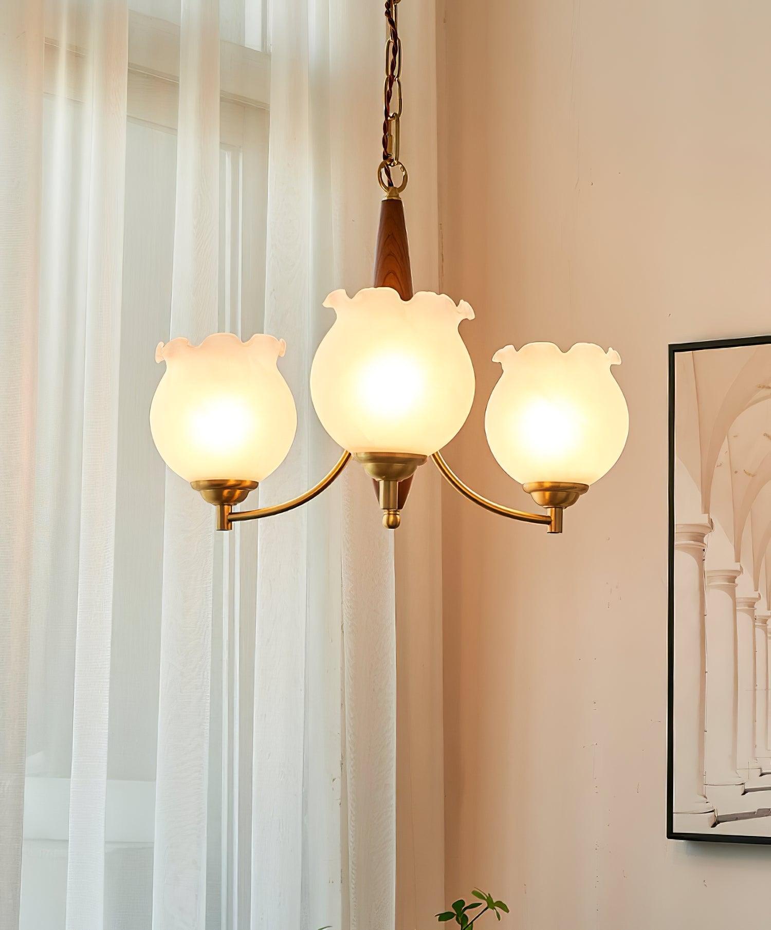 Elvelora Chandelier Tulip Glass Wood Brass Vintage