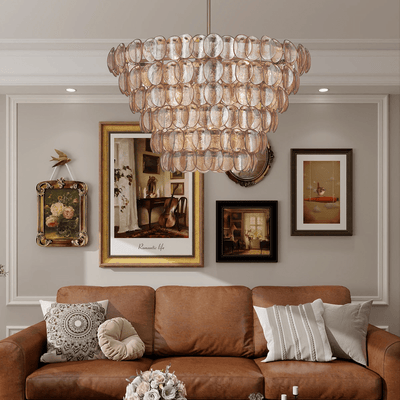 Celalella Chandelier Large Amber Glass Disc Fish Scale Brass