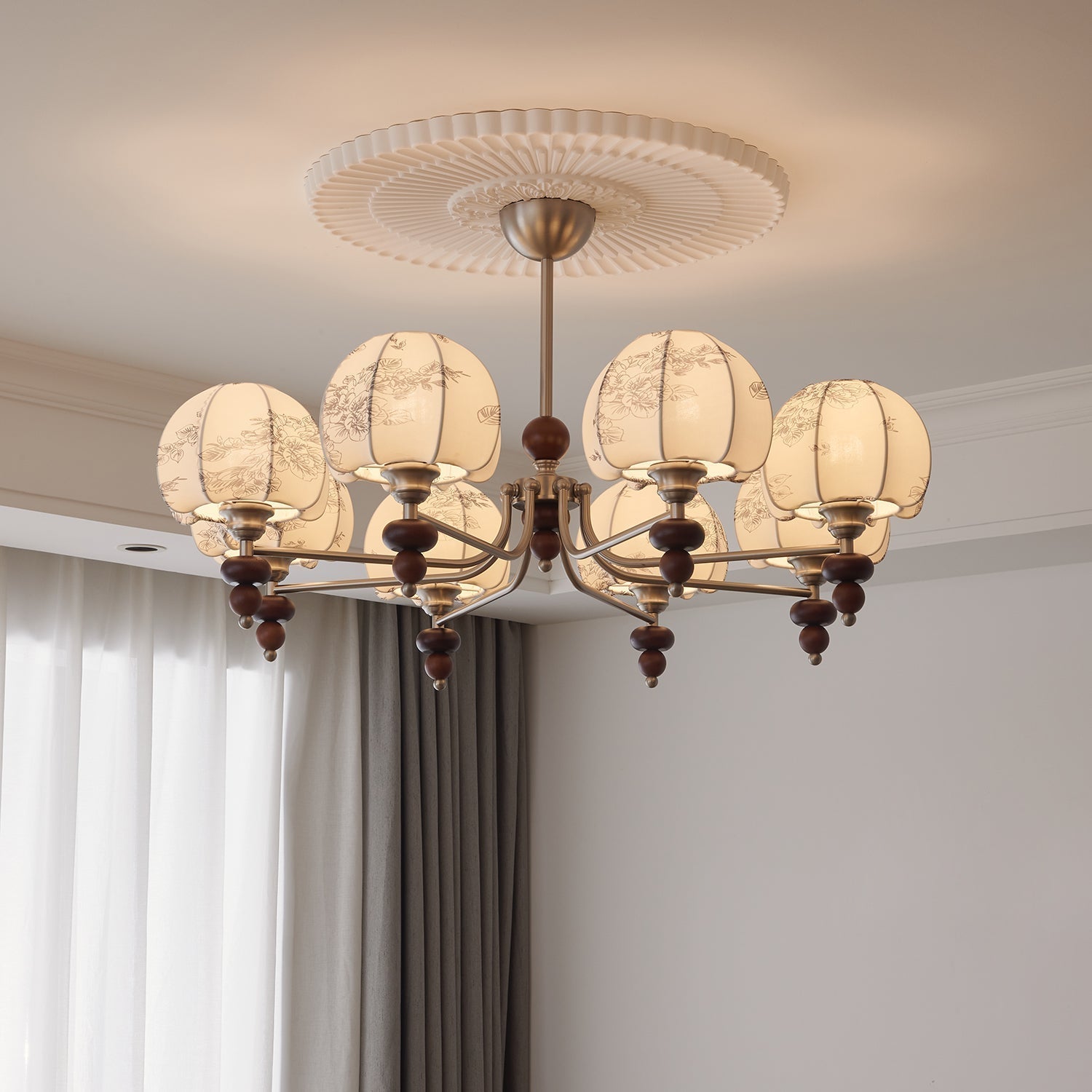 Comirisra Premium Traditional Petal Fabric Wood Chandelier