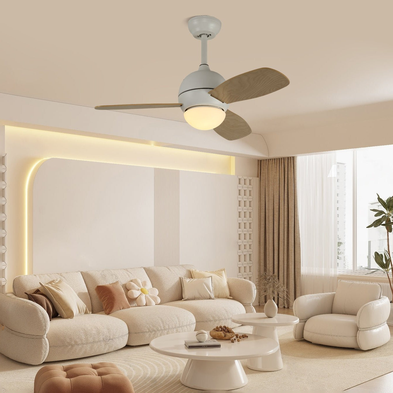 Vevo Minimalist White Wood Ceiling Fan Light