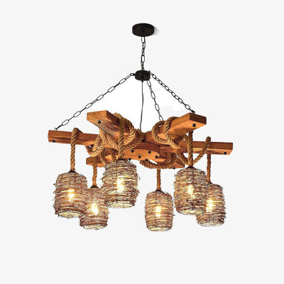 Rinoeon Chandelier Vintage Farmhouse Rattan Wooden