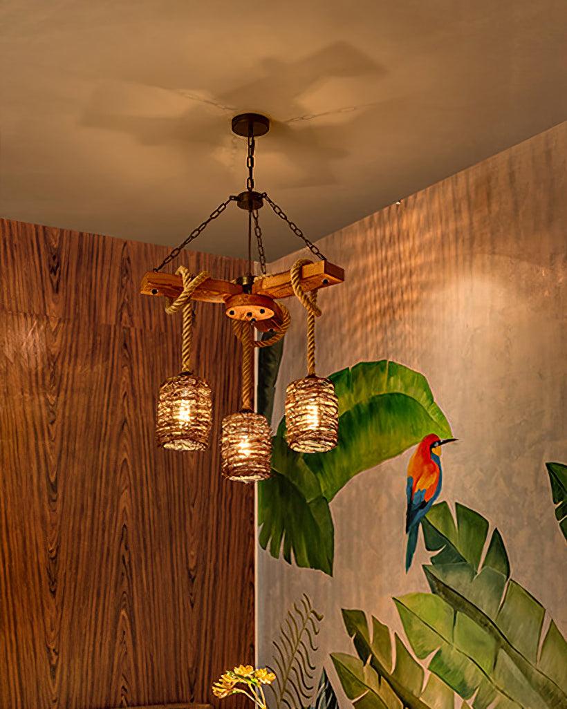 Rinoeon Chandelier Vintage Farmhouse Rattan Wooden