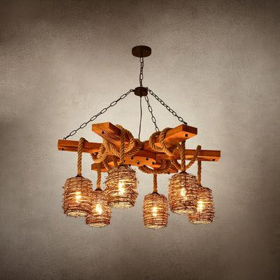 Rinoeon Chandelier Vintage Farmhouse Rattan Wooden