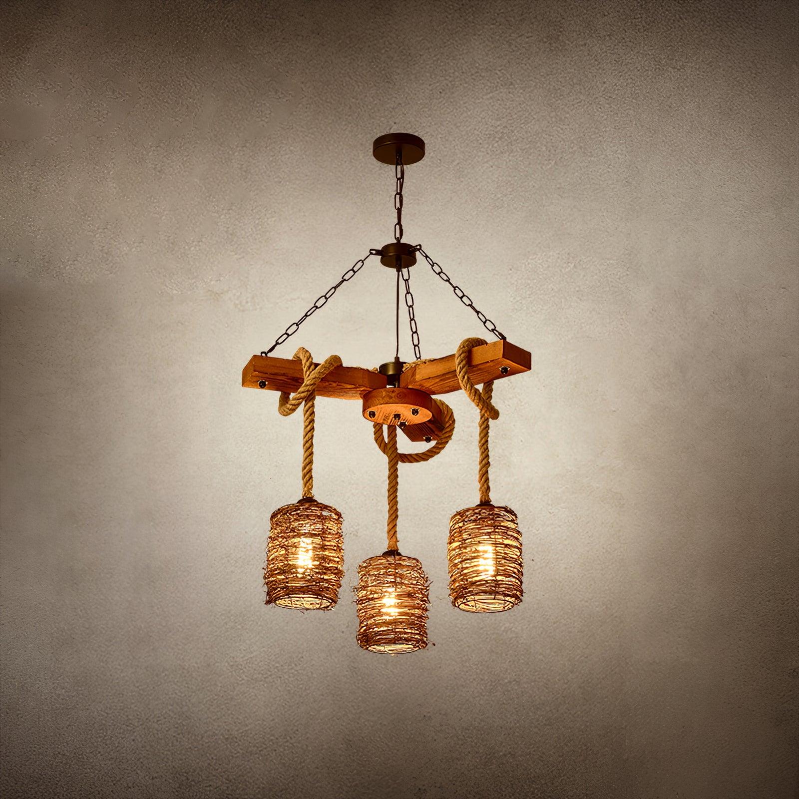 Rinoeon Chandelier Vintage Farmhouse Rattan Wooden