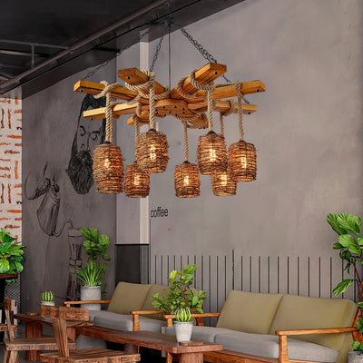 Rinoeon Chandelier Vintage Farmhouse Rattan Wooden