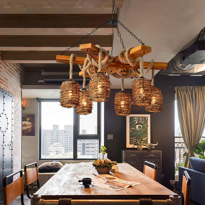 Rinoeon Chandelier Vintage Farmhouse Rattan Wooden