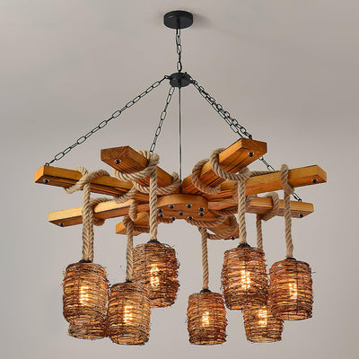 Rinoeon Chandelier Vintage Farmhouse Rattan Wooden