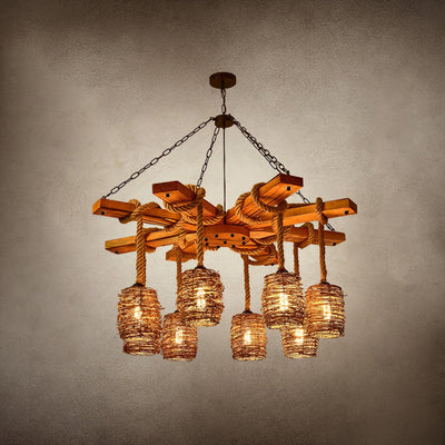 Rinoeon Chandelier Vintage Farmhouse Rattan Wooden