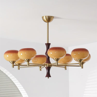 Chandelier Caramel Glass Globes Walnut Wood Arms Vintage - Neutral Decor