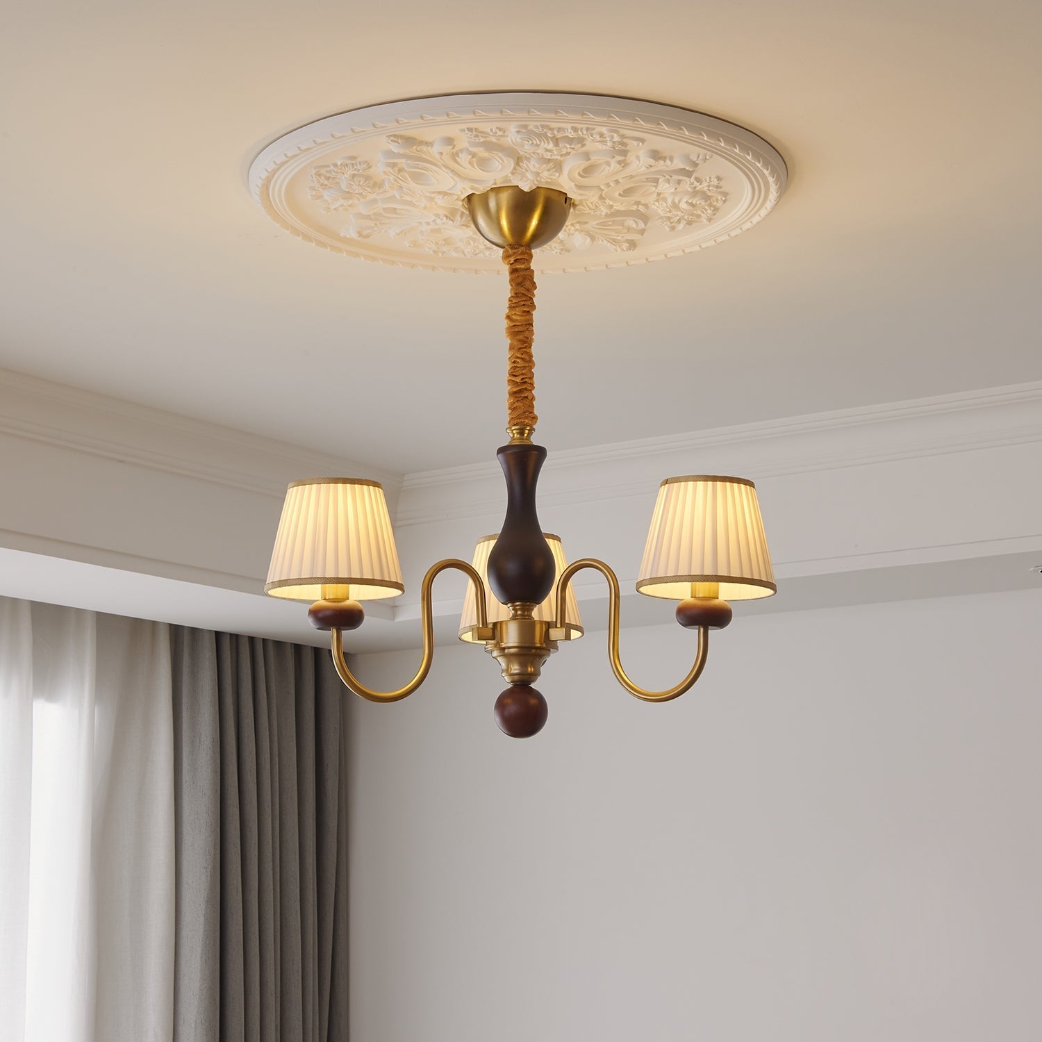 Erthaos Traditional Elegance Pleat Fabric Wood Chandelier