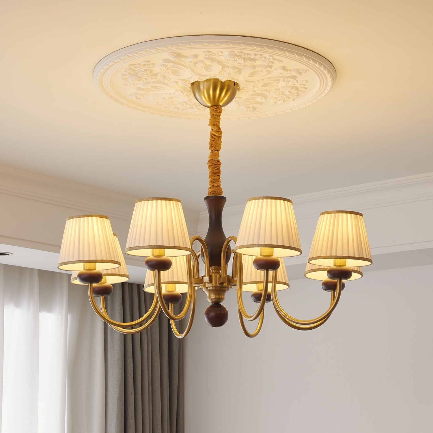 Erthaos Traditional Elegance Pleat Fabric Wood Chandelier