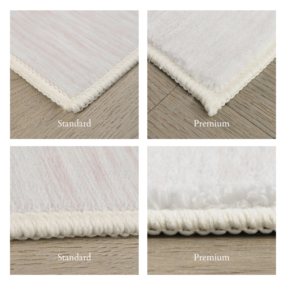 Comparison of Tiberius washable rugs: standard vs. premium, showcasing material and construction.